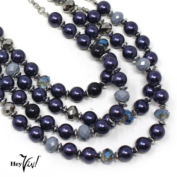 Vintage 4 Strand Bead Necklace - Silver Blue Beads w Silver Chain - 22" -Hey Viv - Picture 2 of 5